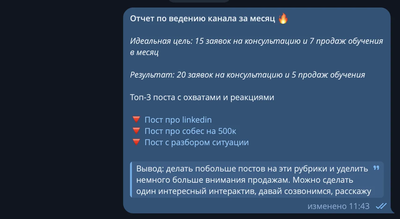 Отчет по ведению канала за месяц в Telegram